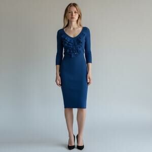 RED Valentino Blue Ruffle Front Bodycon Sheath Dress Women's Small Feminine